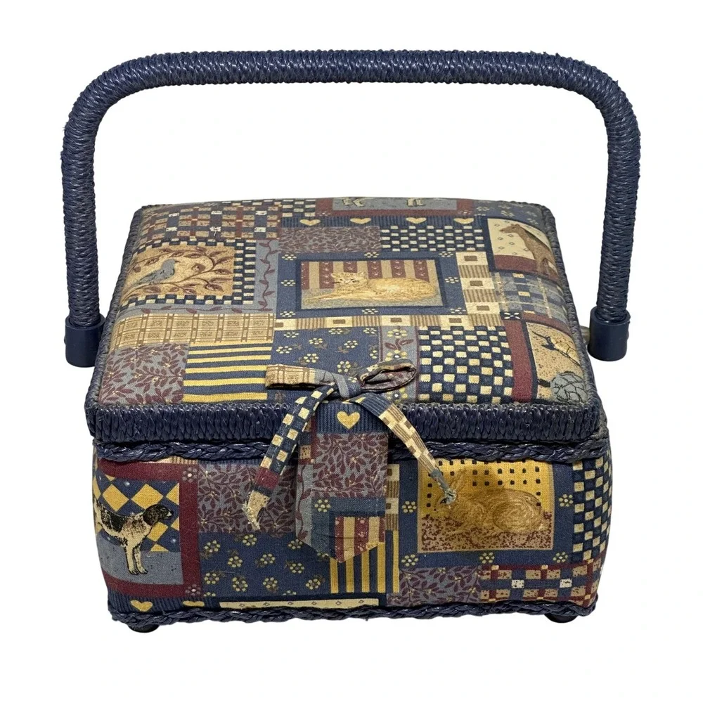 VTG Dyno Merchandise Sewing Basket Blue Tapestry Animal Patchwork Handle 9001
